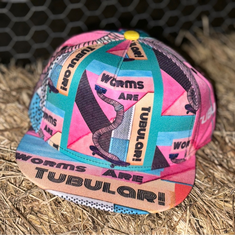 Worms are Tubular Rad Watercolor Skateboarding Worm Pun Dad Joke FlatBill Hat